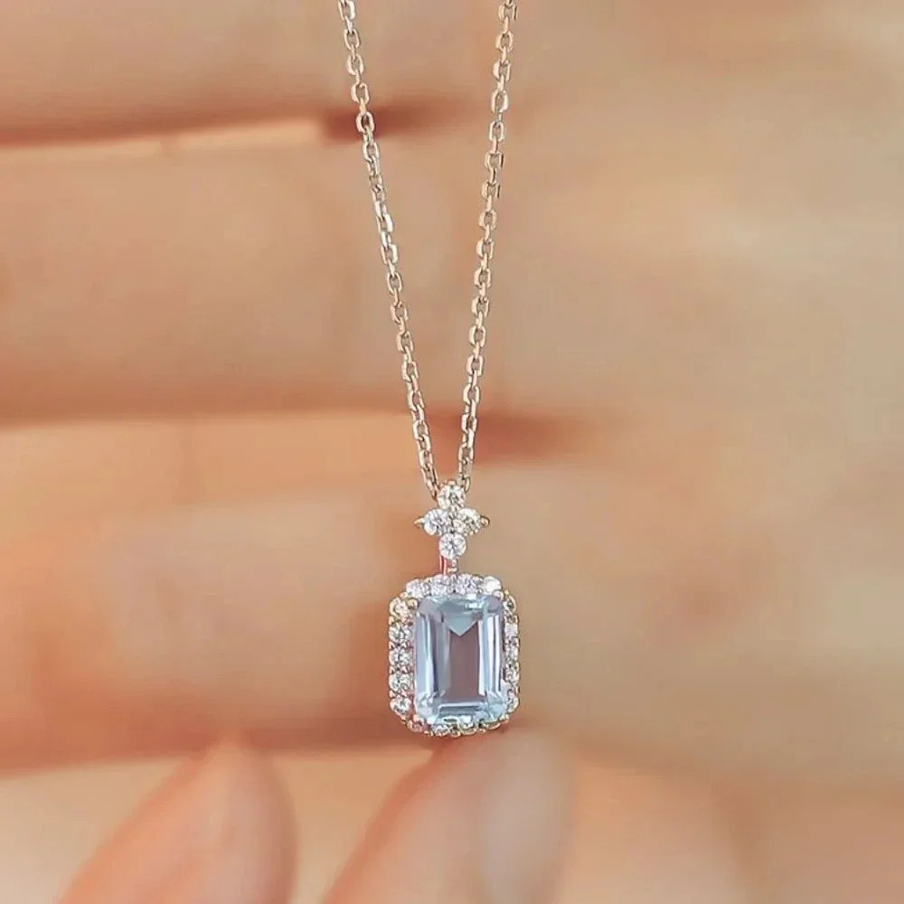 925 Sterling Silver Dainty Aquamarine Diamond Necklace Minimalist Blue Necklace